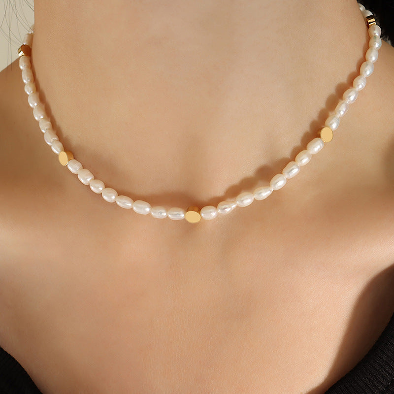 Gold Flat Round Beads Stitching Freshwater Pearl Necklace