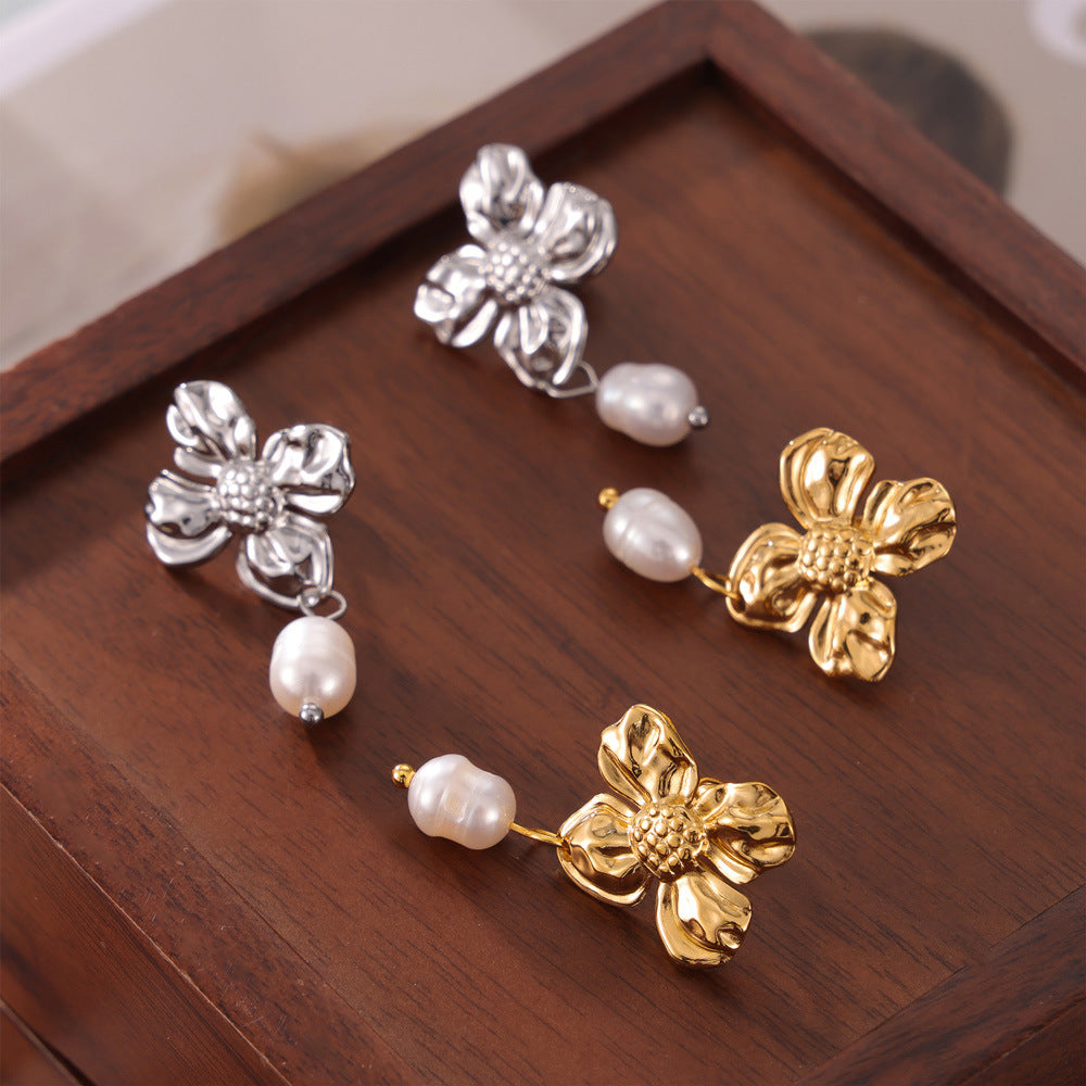 Elegant Flower Pearl Drop Earrings