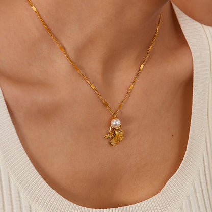 Ginkgo Biloba Leaf Pearl Pendant Necklace