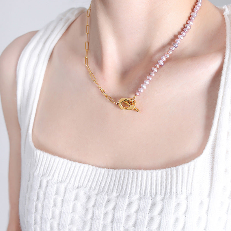 Half Chain Half Light Purple Pearl Necklace