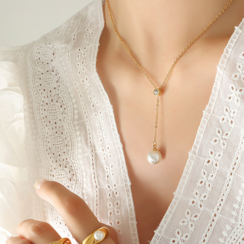 Dainty White Zircon Pearl Drop Y Necklace