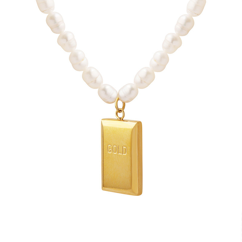 GOLD Rectangle Plate Pendant Freshwater Pearl Necklace