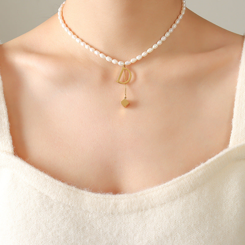 Letter D Gold Cube Drop Pendant  Freshwater Pearl Necklace