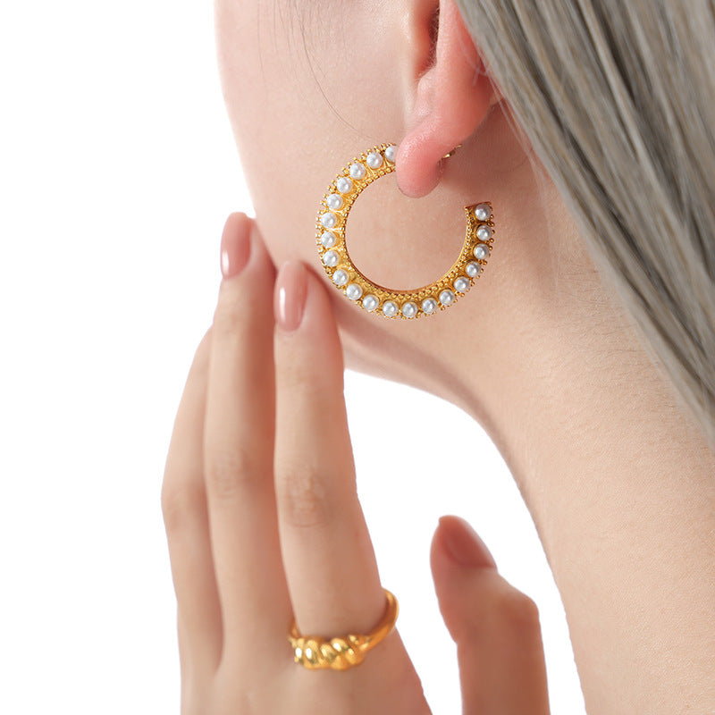 Round C Shape Inlay Small Pearl Earrings