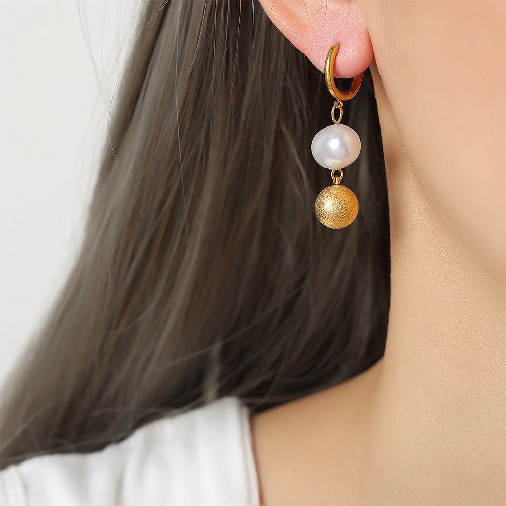 Frosted Gold Bead And Pearl Earrings