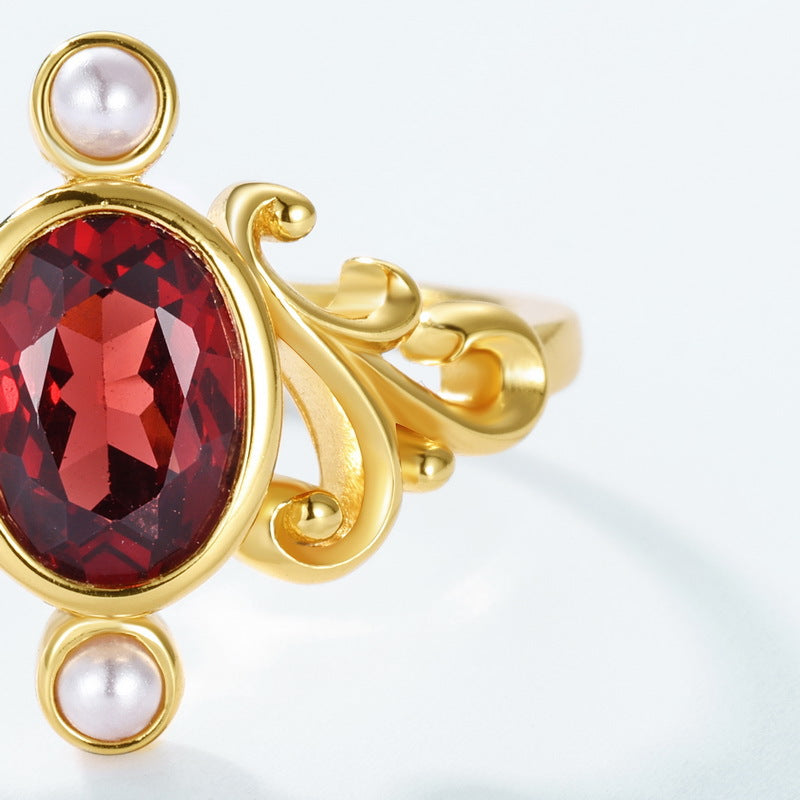 Retro Crown Pearl and Garnet Ring