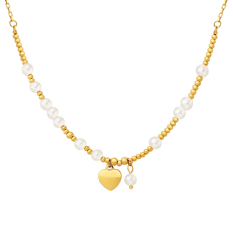 Gold Beads Heart Pendant Pearl Necklace