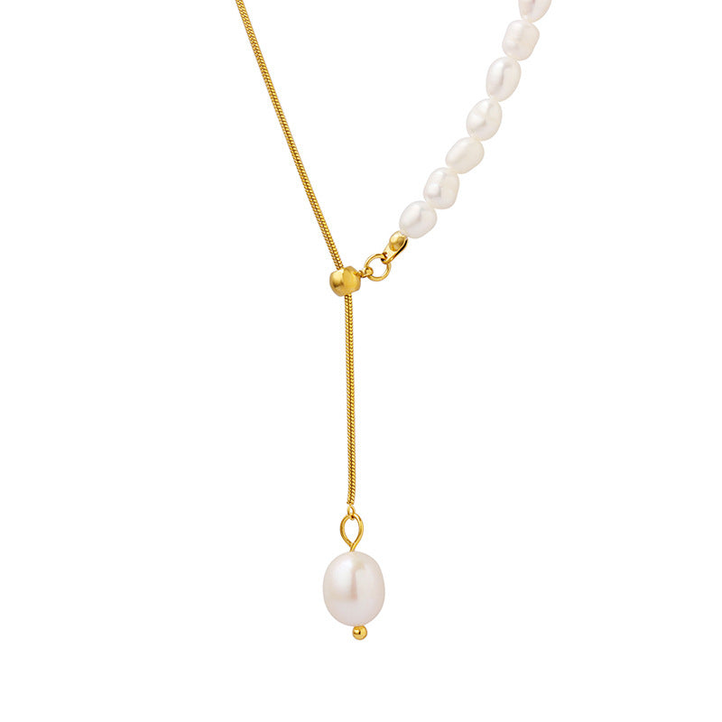 Pullable Half Snake Chain Half Freshwater Pearl Y Necklace