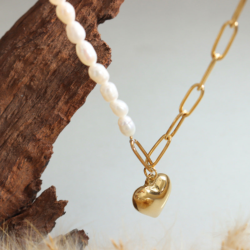 Half Paperclip Chain Half Freshwater Pearl Necklace With Heart Pendant