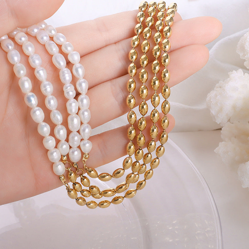 Oval Gold Beads Half Pearl Half Chain Necklace