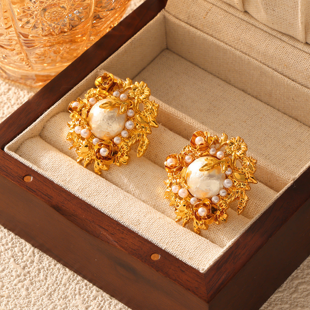 Luxury Vintage Baroque Blooming Flower Pearl Earrings