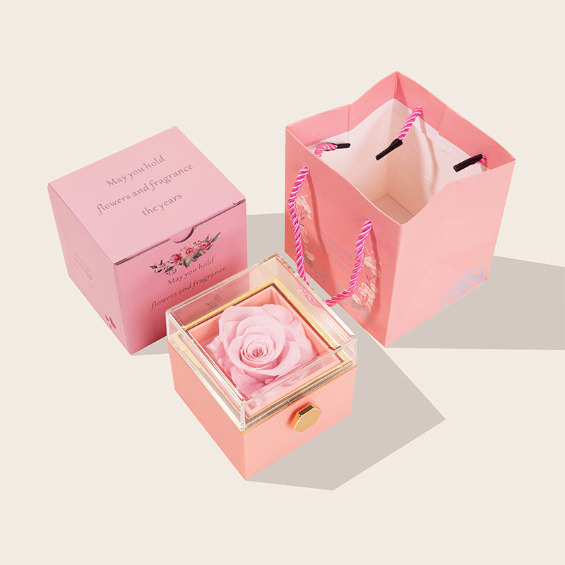 Preserved Flower Rose Ring Necklace Square Jewelry Box