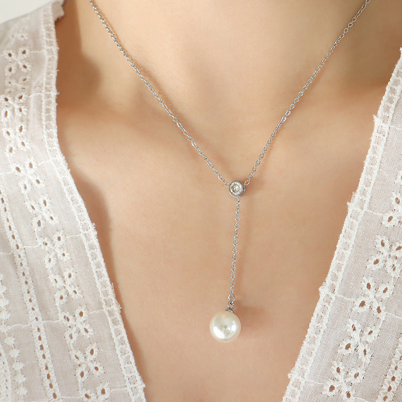 Dainty White Zircon Pearl Drop Y Necklace