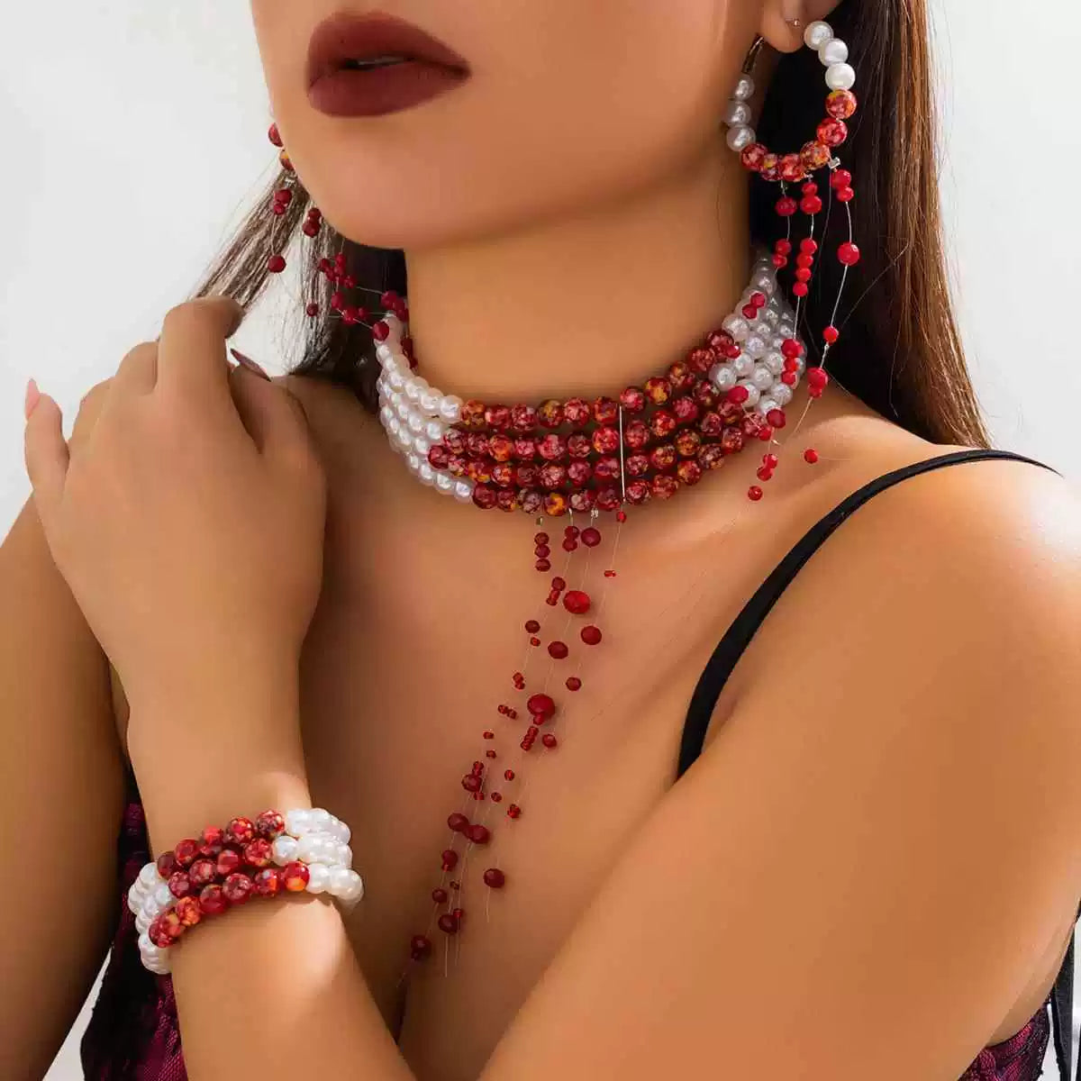 Vampire Bite Dracula Kiss Bloody Pearl Choker Necklace Bracelet Earrings Brooch