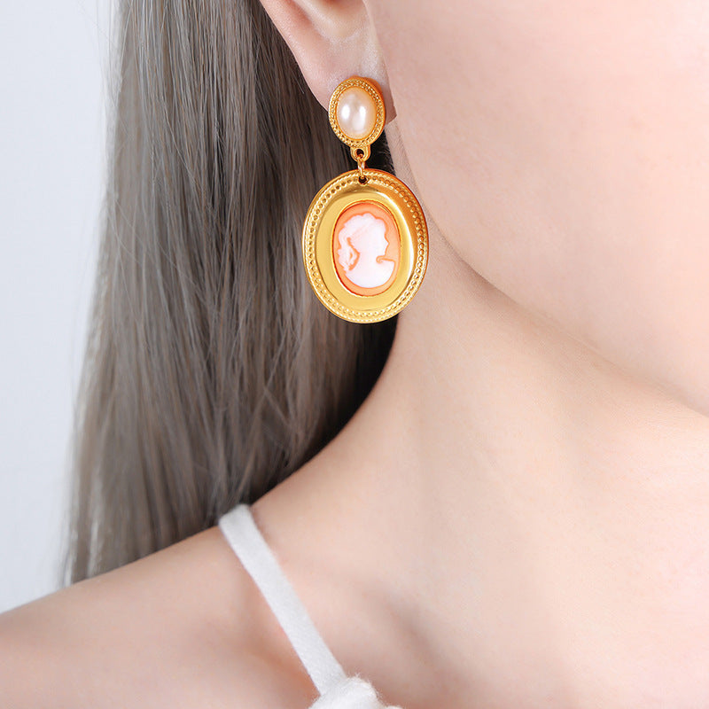 Oval Portrait Drop Pearl Stud Earring