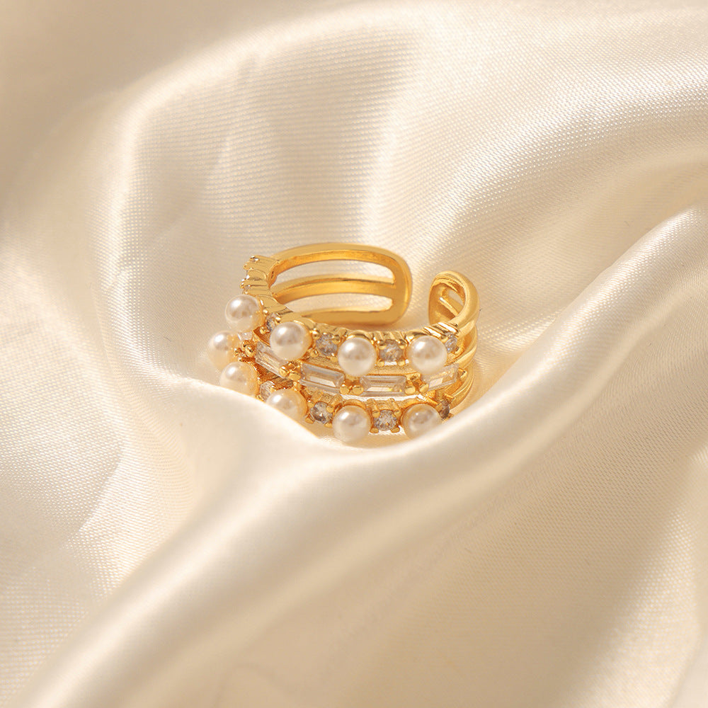 Dainty Diamond Two Row Pearl Ring 