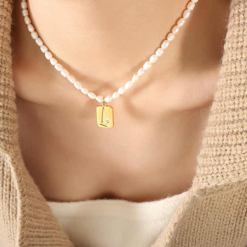 Debossed Triangle Zircon Inlay Rectangle Pendant Freshwater Pearl Necklace