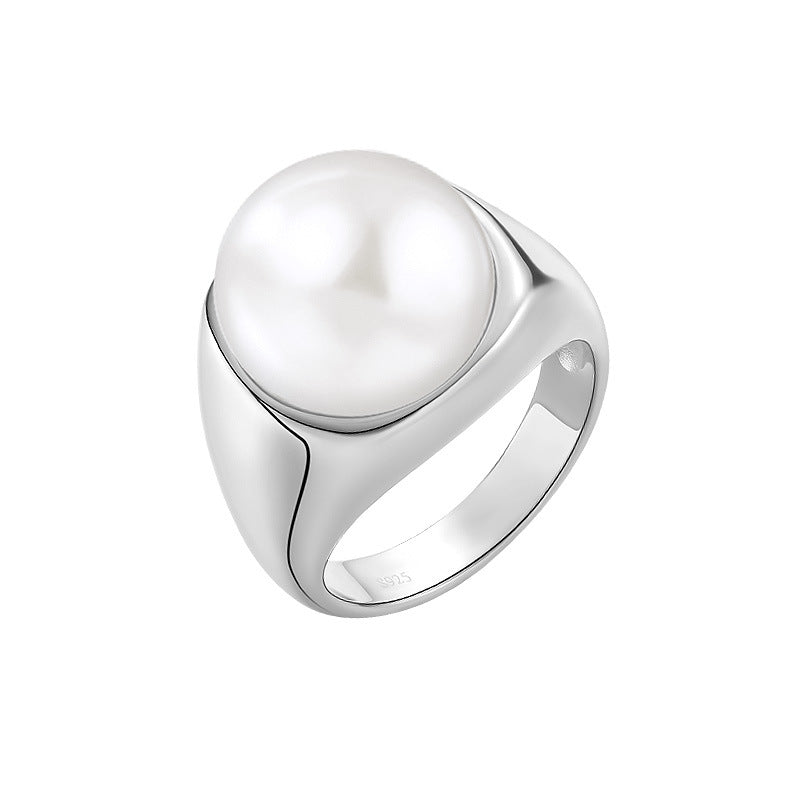 Wide Silver Pearl Ring