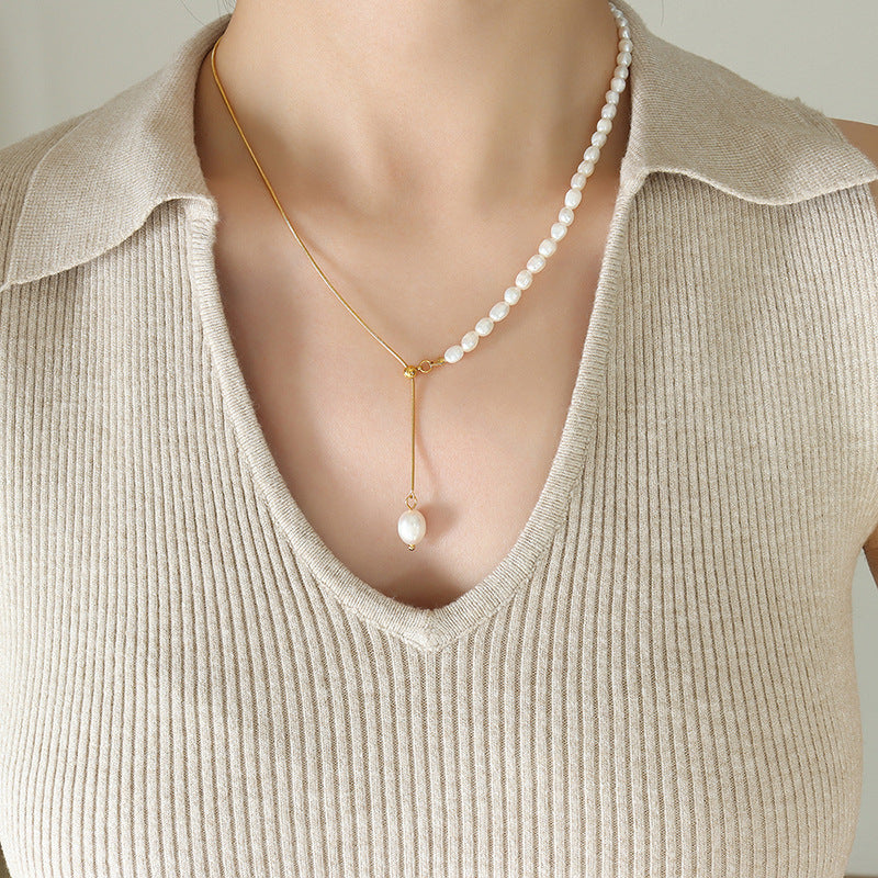 Pullable Half Snake Chain Half Freshwater Pearl Y Necklace