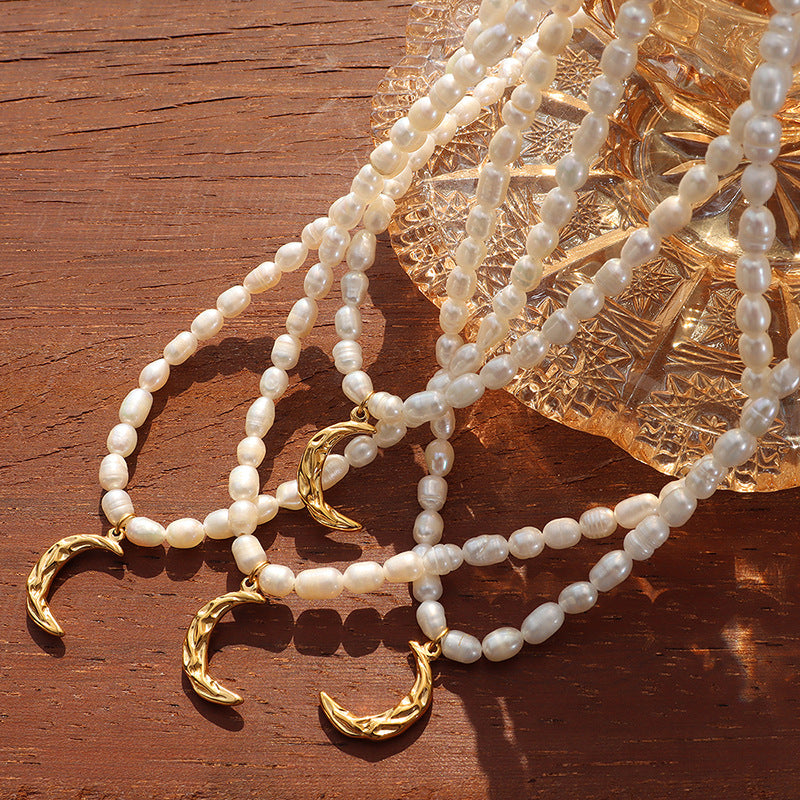 Gold Moon Pendant Freshwater Pearl Necklace