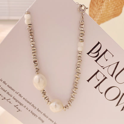 Silver Blocks Chain Baroque Pearl Bracelet