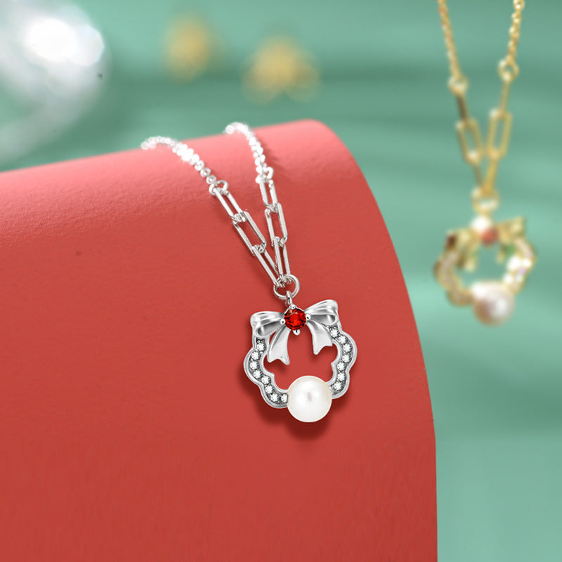 Christmas Wreath Bow Pearl Pendant Necklace