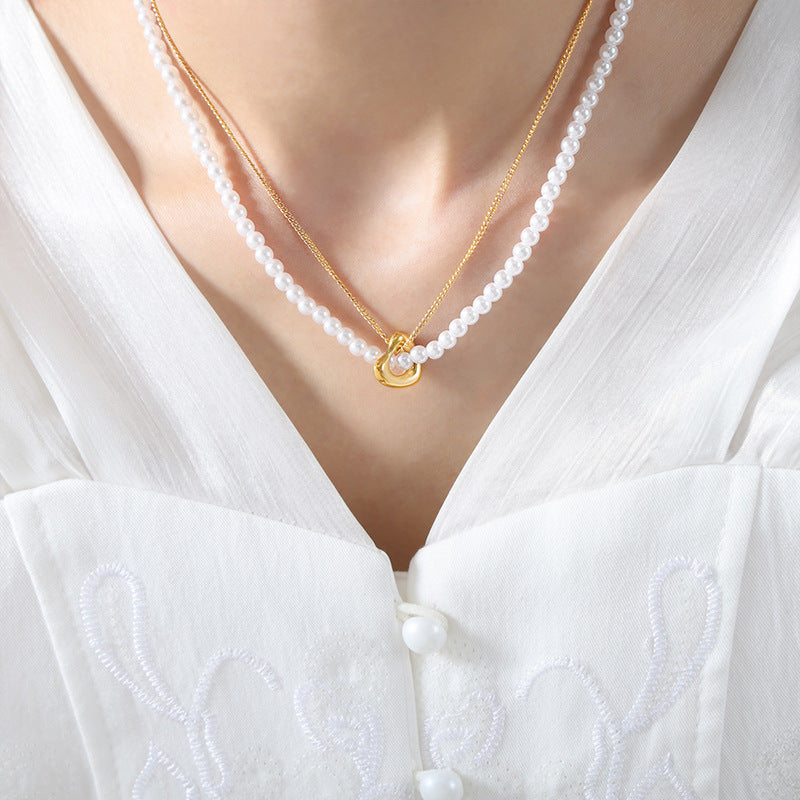 Creative Stacked Double Layered Heart Pendant Pearl Necklace