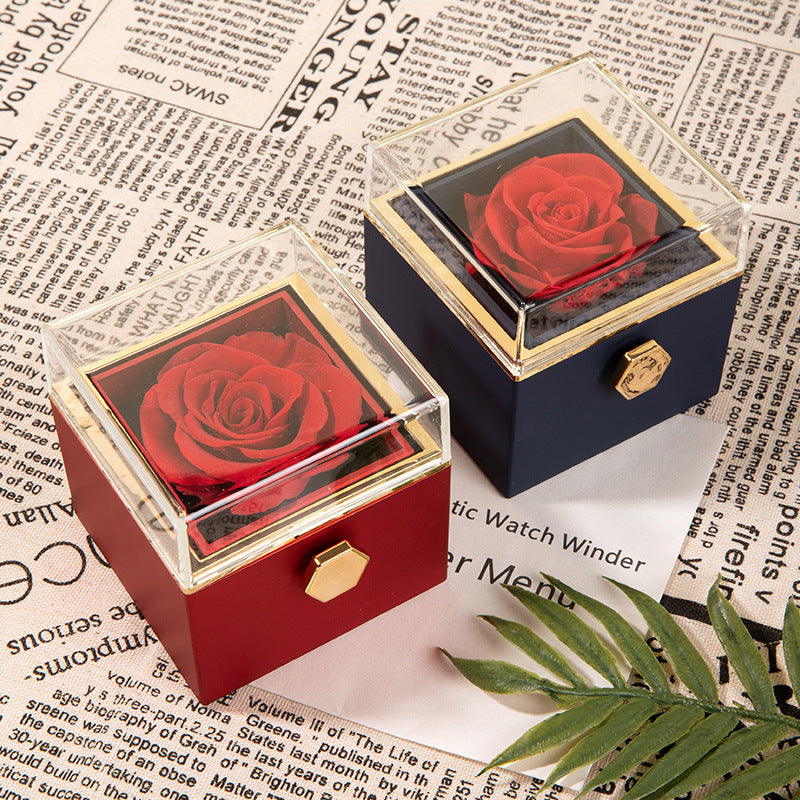 Preserved Flower Rose Ring Necklace Square Jewelry Box