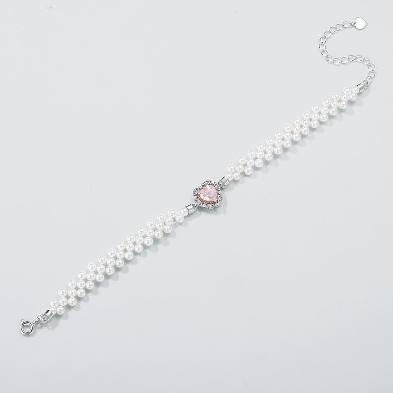 Girly Princess Natural Pink Crystal Love Heart Pearl Bracelet