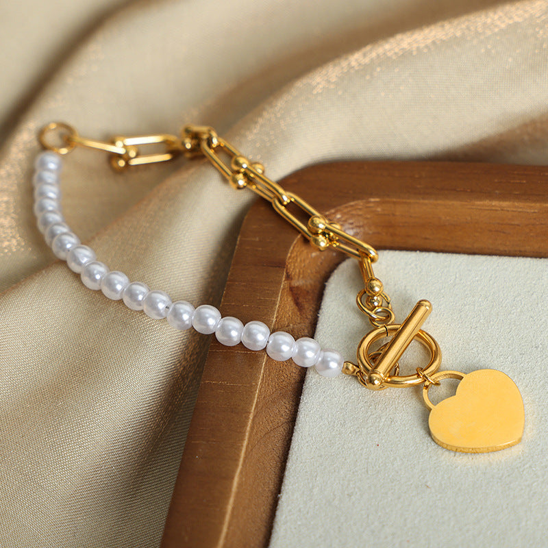 Half Chain Half Pearl Bracelet With Heart Charm