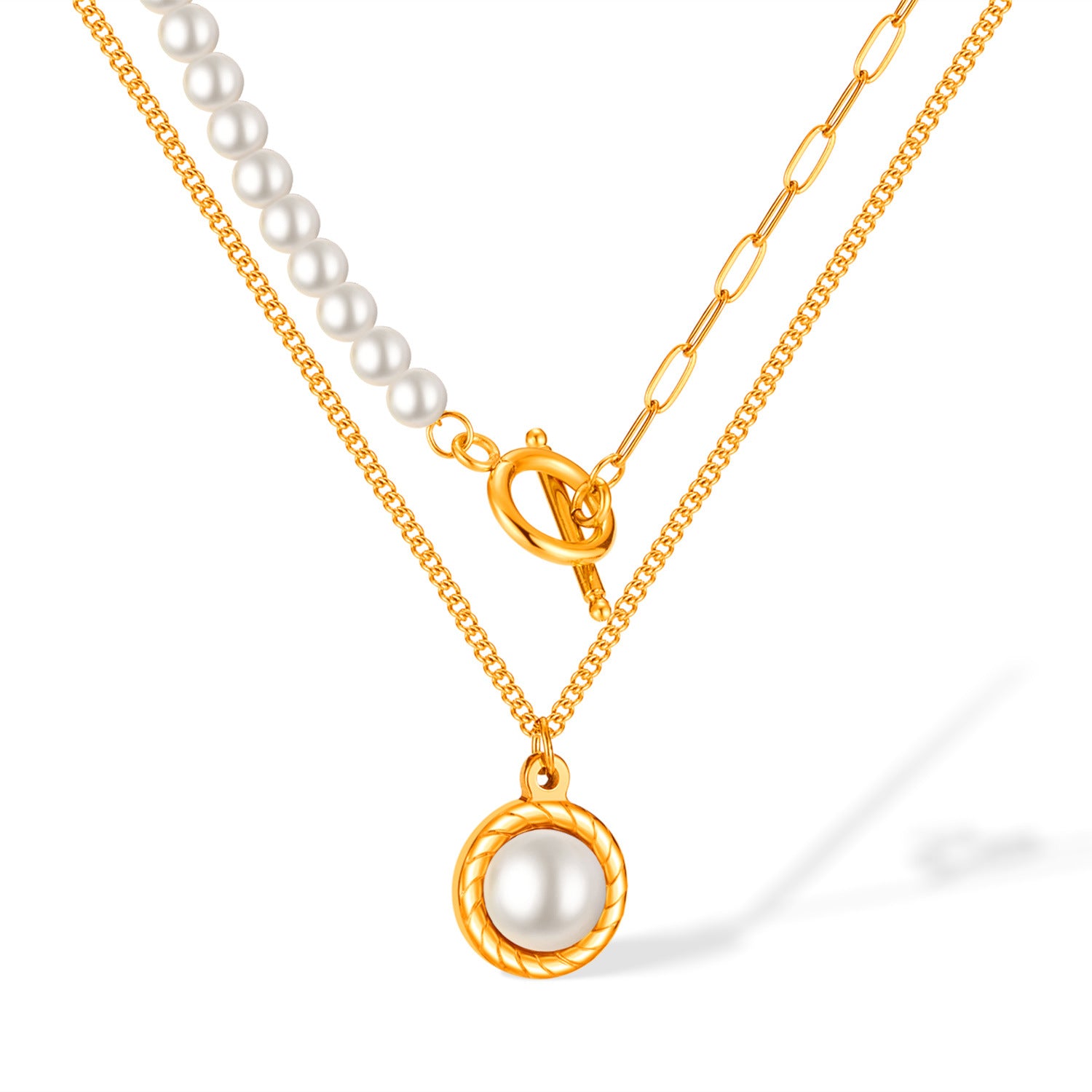 Pearl and OT Clasp Pendant Two Layers Stacked Necklace