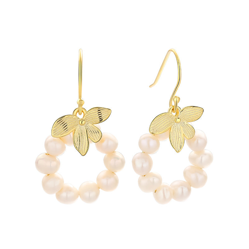 Leaf and Pearl Hook Earrings