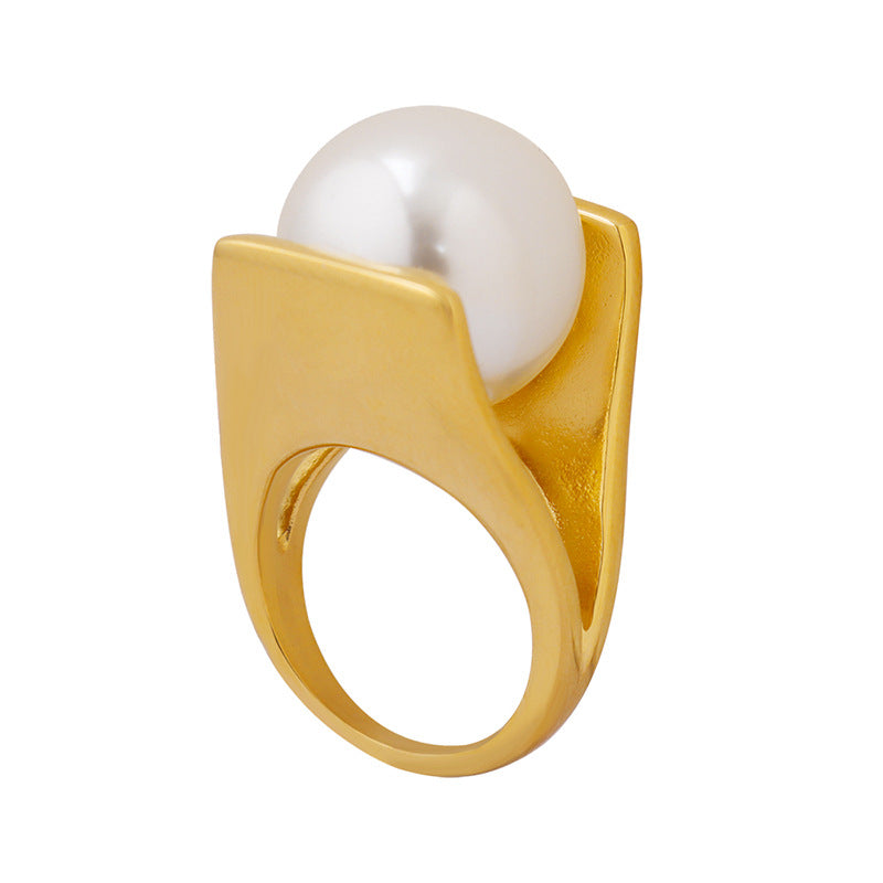 V Shape Inlay Large Pearl Ring