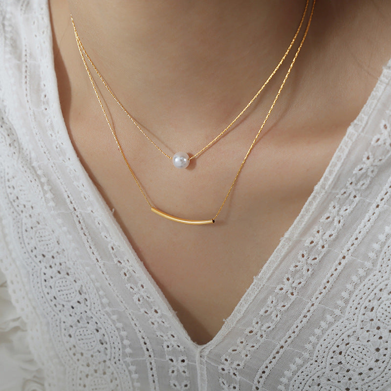 Double Layered Gold Chain With Pearl Pendant Necklace