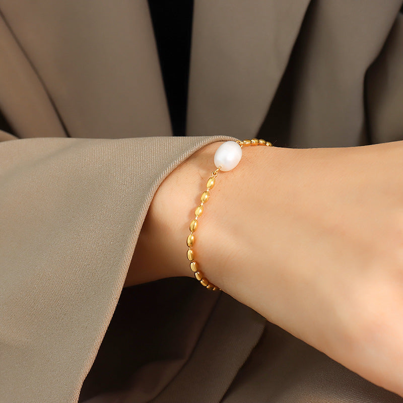 Gold Rice Beads With A Freshwater Pearl Bracelet