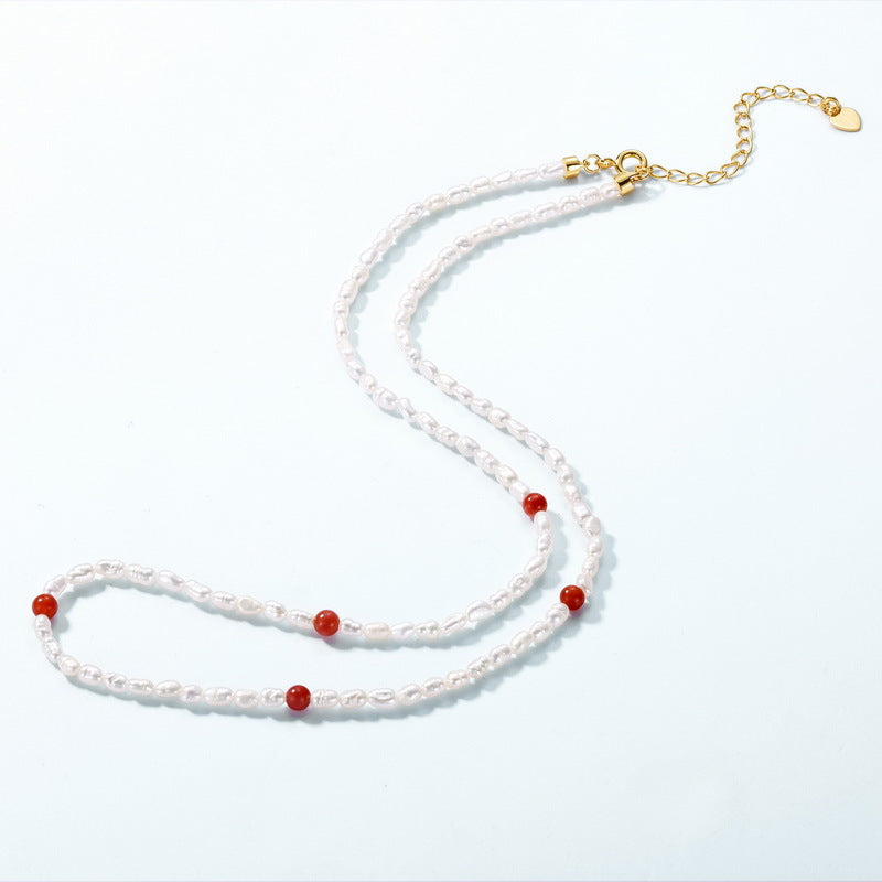 Natural Red Agate and Freshwater Pearl Strand Necklace