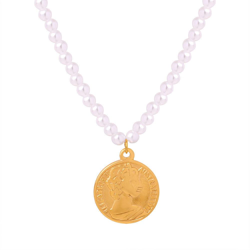 Pearl Necklace With Gold Round Portrait Pendant 