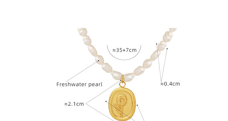 Sunflower Tag Pendant Freshwater Pearl Necklace