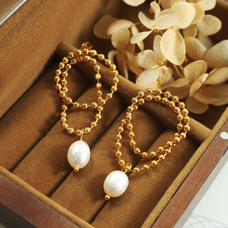 Double Gold Beads Chain Freshwater Pearl Drop Earrings