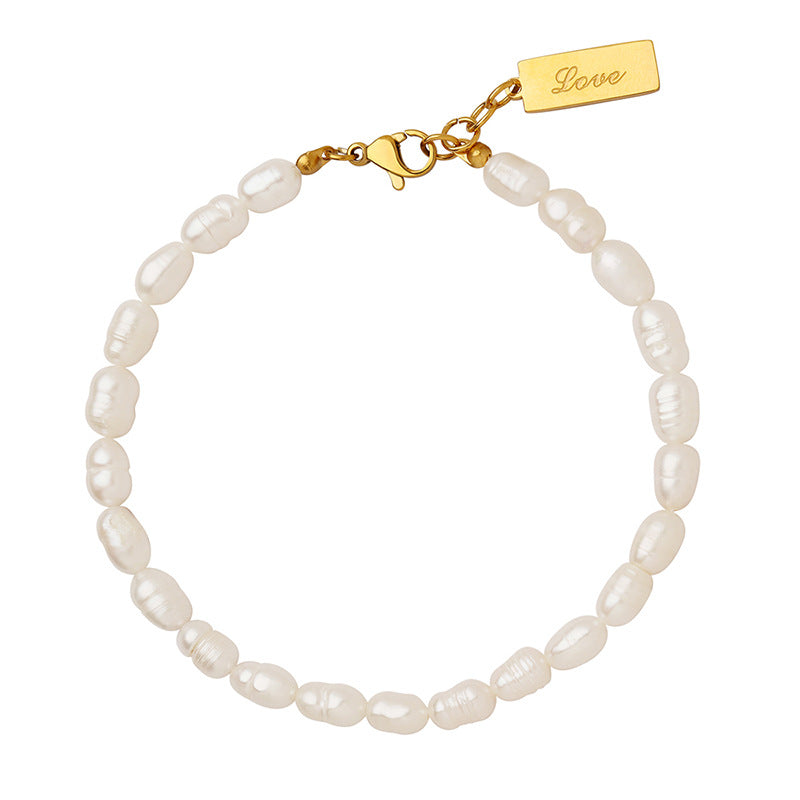 Rectangle "Love" Word Tag Freshwater Pearl Bracelet