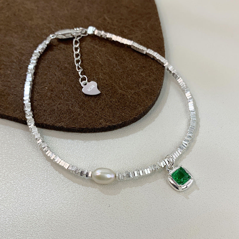 Silver Block Pearl Green Gem Charm Bracelet