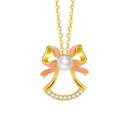 Lucky Bow Christmas Bell Pearl Pendant Necklace