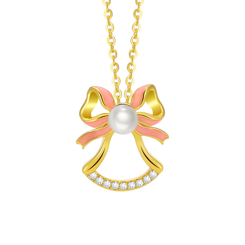 Lucky Bow Christmas Bell Pearl Pendant Necklace