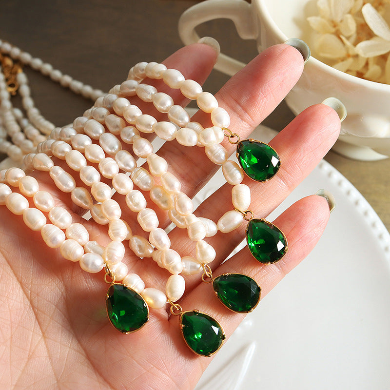 Deep Green Zircon Teardrop Pendant Freshwater Pearl Necklace