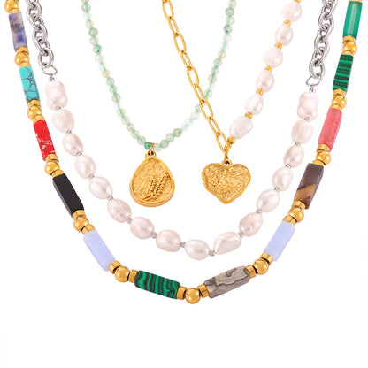 Colorful Jade Grape Stone Half Pearl Half Chain Necklace