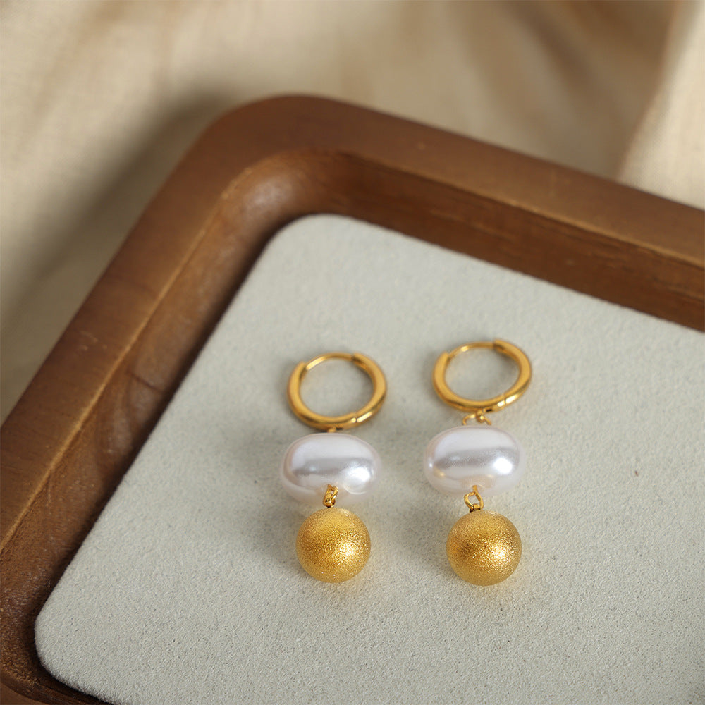 Frosted Gold Bead And Pearl Earrings