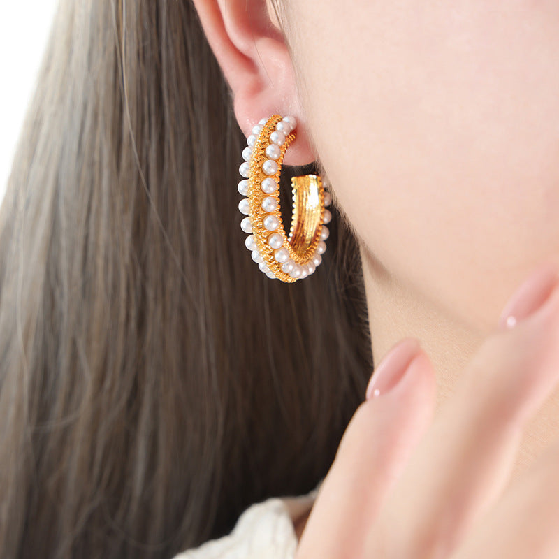 Round C Shape Inlay Small Pearl Earrings