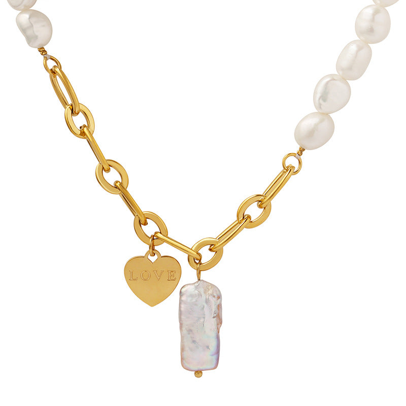 Pearl Splicing Thick Chain Necklace With Love Pendant