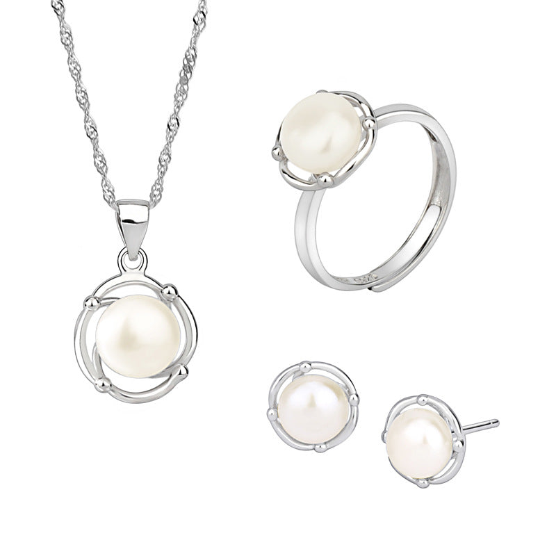 Minimalistic Pearl Pendant Necklace Earrings Ring Set