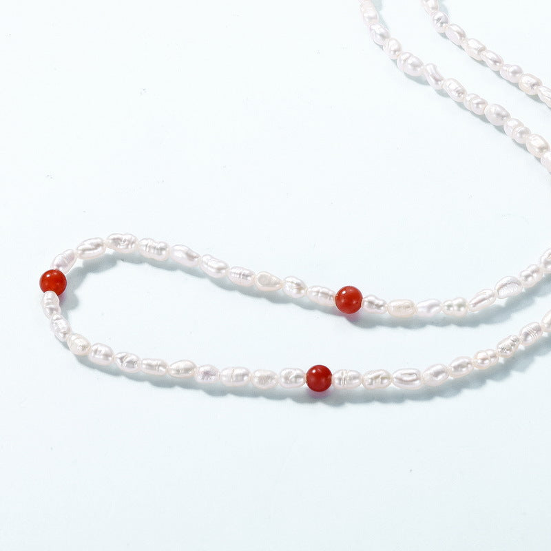 Natural Red Agate and Freshwater Pearl Strand Necklace